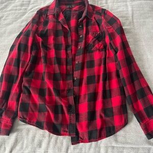 Roots Women's Red and Black Plaid Button Down Shirt